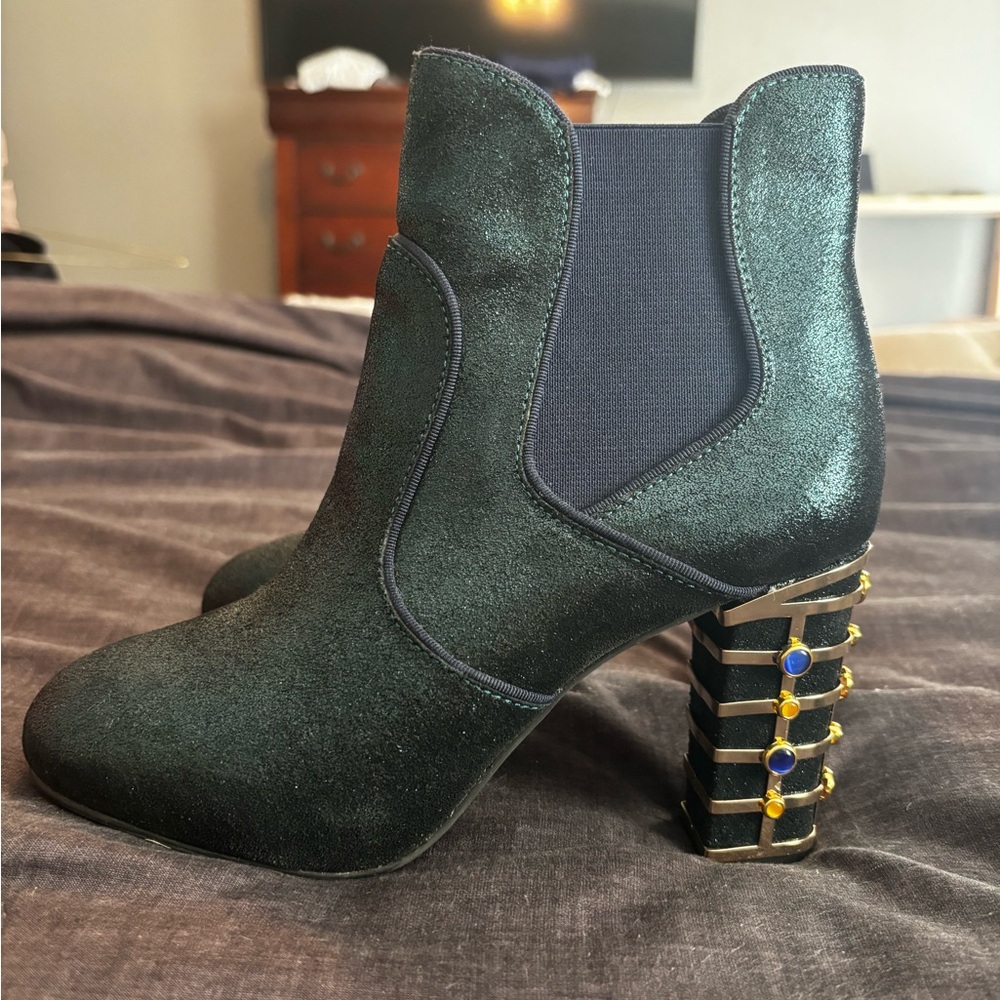 Tory Burch Azure Emerald Green Velvet Block-Heel Ankle Boots